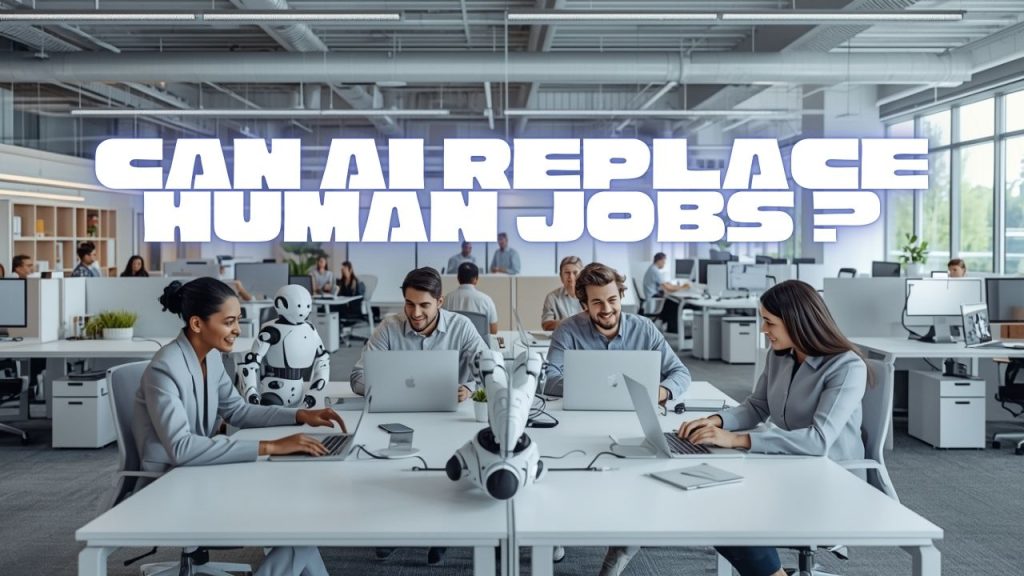 Can AI Replace Human Jobs Reality Explained infographic showing humans and robots sharing office space