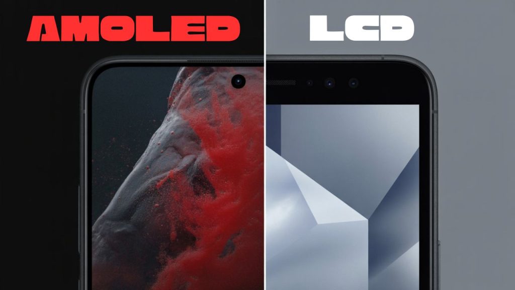 Side-by-side photo showing the difference between AMOLED and LCD displays on identical smartphones